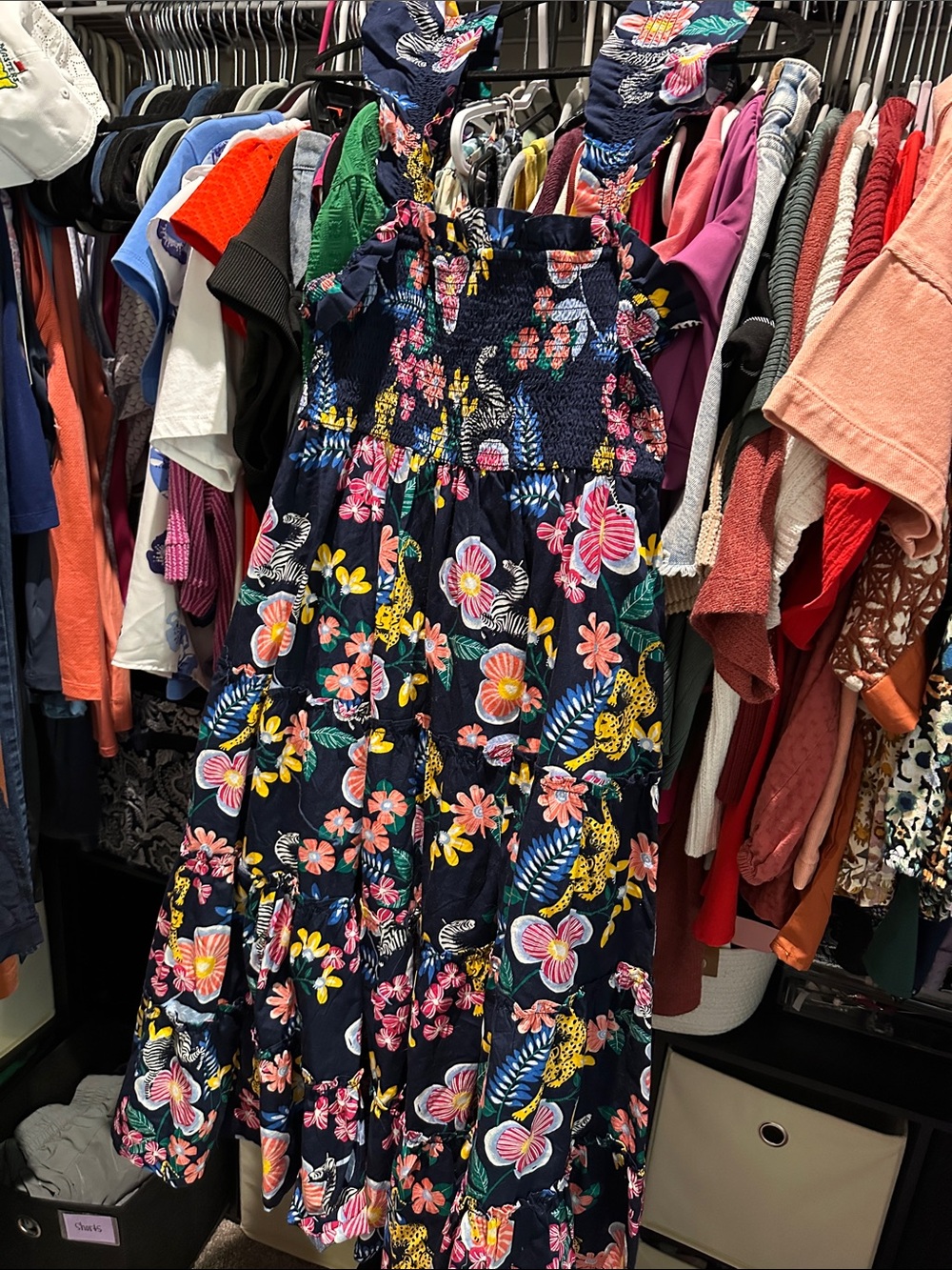 crown & ivy Navy Floral Tiered Sundress with Pink, Yellow and Green Accents